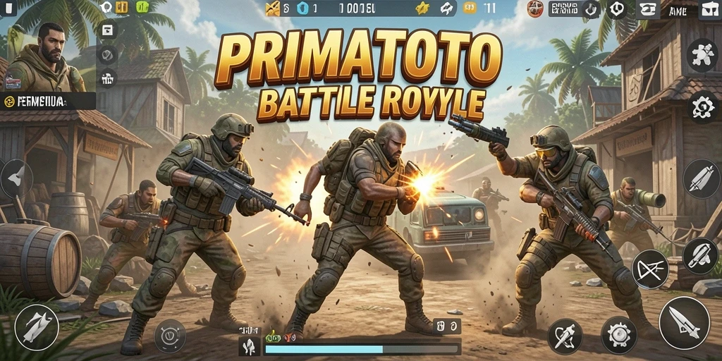 Screenshot utama gameplay PRIMATOTO menampilkan pertarungan seru dalam pertempuran Battle Royale.