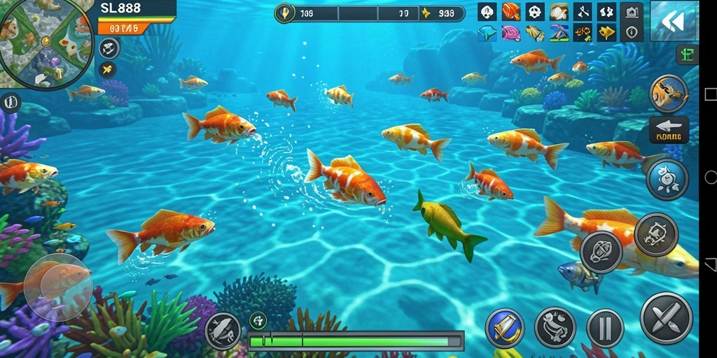 Tampilan gameplay seru dari SL888 saat menembak ikan berwarna-warni.